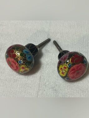 Set of 2 Hand-Painted Floral Ceramic Drawer Knobs Cabinet Pulls Vintage Style